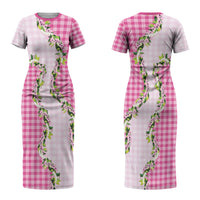 Pink Hawaii Palaka Couples Matching Short Sleeve Bodycon Dress and Hawaiian Shirt Maile Pikake Honohono Orchid Lei LT05 - Polynesian Pride