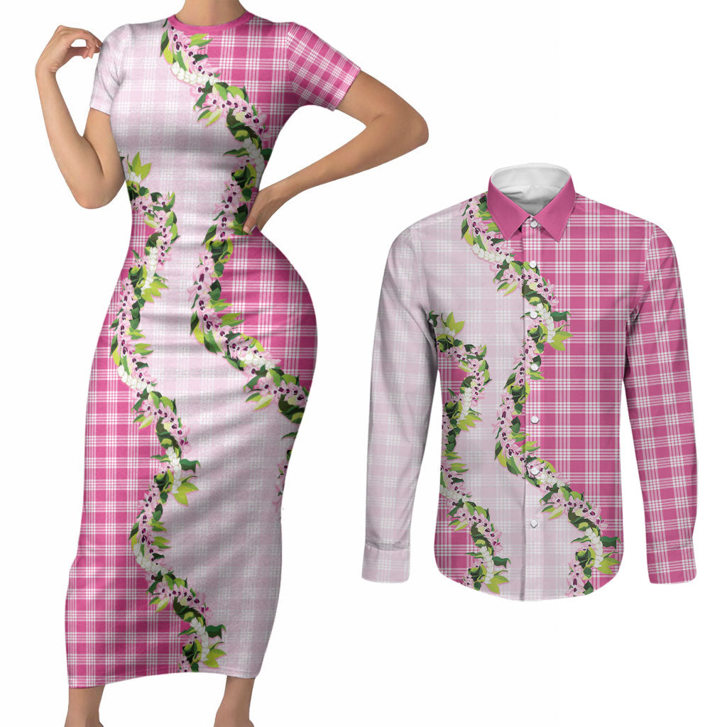 Pink Hawaii Palaka Couples Matching Short Sleeve Bodycon Dress and Long Sleeve Button Shirt Maile Pikake Honohono Orchid Lei LT05 Pink - Polynesian Pride
