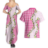 Pink Hawaii Palaka Couples Matching Summer Maxi Dress and Hawaiian Shirt Maile Pikake Honohono Orchid Lei