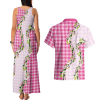 Pink Hawaii Palaka Couples Matching Tank Maxi Dress and Hawaiian Shirt Maile Pikake Honohono Orchid Lei
