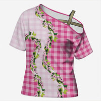 Pink Hawaii Palaka Cross Shoulder Shirt Maile Pikake Honohono Orchid Lei
