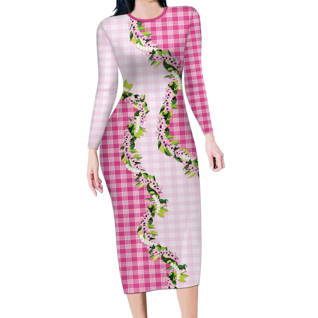 Pink Hawaii Palaka Family Matching Long Sleeve Bodycon Dress and Hawaiian Shirt Maile Pikake Honohono Orchid Lei