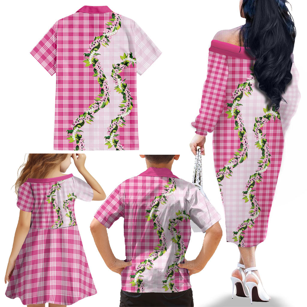 Pink Hawaii Palaka Family Matching Off The Shoulder Long Sleeve Dress and Hawaiian Shirt Maile Pikake Honohono Orchid Lei