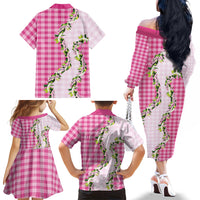 Pink Hawaii Palaka Family Matching Off The Shoulder Long Sleeve Dress and Hawaiian Shirt Maile Pikake Honohono Orchid Lei
