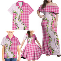 Pink Hawaii Palaka Family Matching Off Shoulder Maxi Dress and Hawaiian Shirt Maile Pikake Honohono Orchid Lei