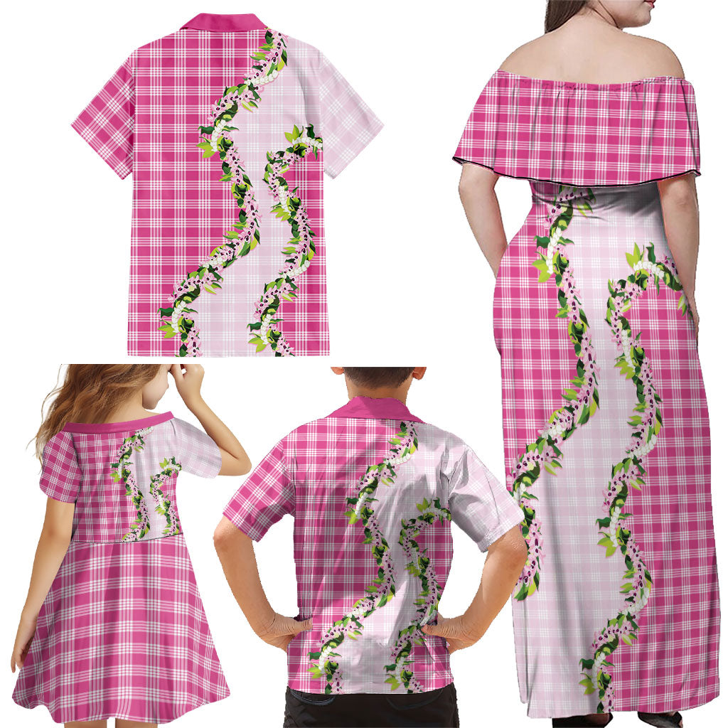 Pink Hawaii Palaka Family Matching Off Shoulder Maxi Dress and Hawaiian Shirt Maile Pikake Honohono Orchid Lei