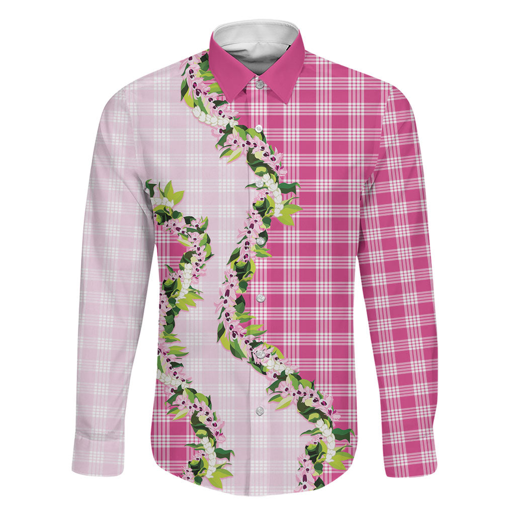 Pink Hawaii Palaka Family Matching Off Shoulder Maxi Dress and Hawaiian Shirt Maile Pikake Honohono Orchid Lei