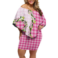 Pink Hawaii Palaka Family Matching Off Shoulder Short Dress and Hawaiian Shirt Maile Pikake Honohono Orchid Lei