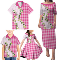 Pink Hawaii Palaka Family Matching Puletasi and Hawaiian Shirt Maile Pikake Honohono Orchid Lei