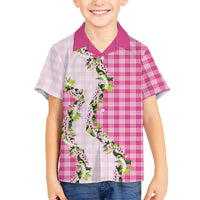 Pink Hawaii Palaka Family Matching Puletasi and Hawaiian Shirt Maile Pikake Honohono Orchid Lei