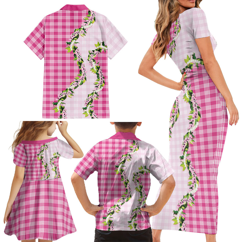 Pink Hawaii Palaka Family Matching Short Sleeve Bodycon Dress and Hawaiian Shirt Maile Pikake Honohono Orchid Lei