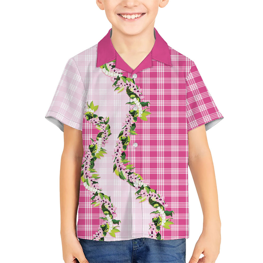 Pink Hawaii Palaka Family Matching Short Sleeve Bodycon Dress and Hawaiian Shirt Maile Pikake Honohono Orchid Lei