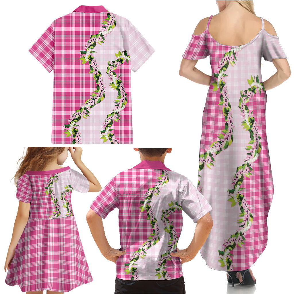 Pink Hawaii Palaka Family Matching Summer Maxi Dress and Hawaiian Shirt Maile Pikake Honohono Orchid Lei