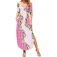 Pink Hawaii Palaka Family Matching Summer Maxi Dress and Hawaiian Shirt Maile Pikake Honohono Orchid Lei