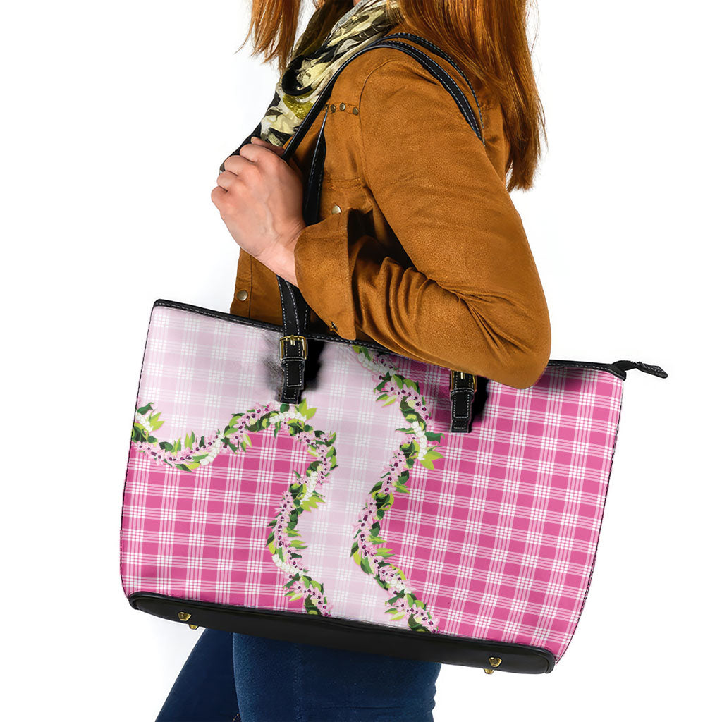 Pink Hawaii Palaka Leather Tote Bag Maile Pikake Honohono Orchid Lei LT05 Pink - Polynesian Pride