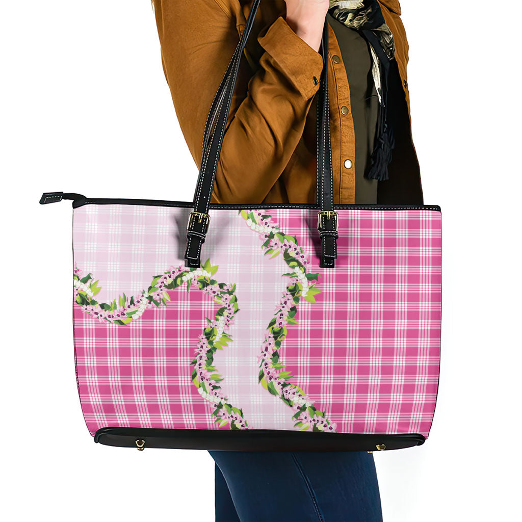 Pink Hawaii Palaka Leather Tote Bag Maile Pikake Honohono Orchid Lei LT05 - Polynesian Pride