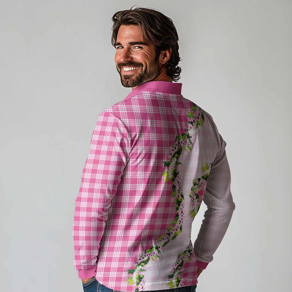 Pink Hawaii Palaka Long Sleeve Polo Shirt Maile Pikake Honohono Orchid Lei