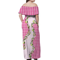 Pink Hawaii Palaka Off Shoulder Maxi Dress Maile Pikake Honohono Orchid Lei