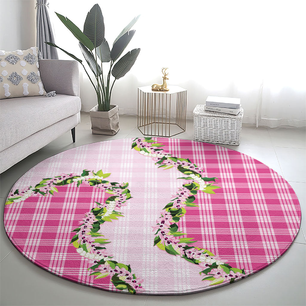 Pink Hawaii Palaka Round Carpet Maile Pikake Honohono Orchid Lei