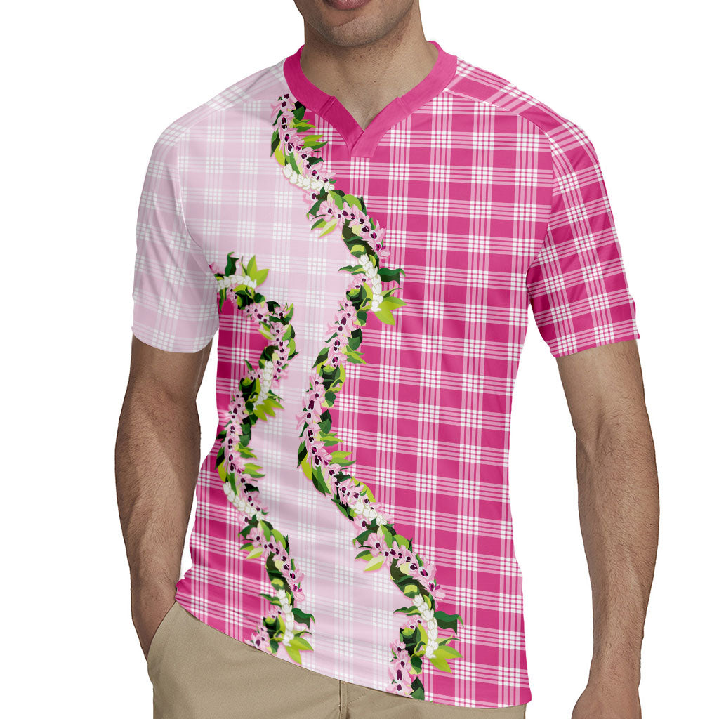 Pink Hawaii Palaka Rugby Jersey Maile Pikake Honohono Orchid Lei