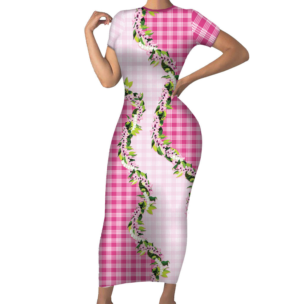 Pink Hawaii Palaka Short Sleeve Bodycon Dress Maile Pikake Honohono Orchid Lei LT05 Long Dress Pink - Polynesian Pride