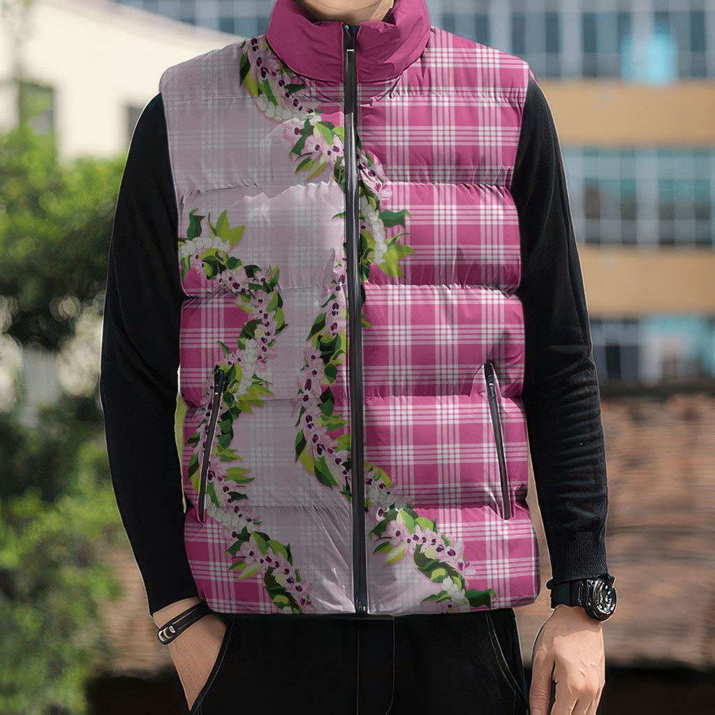 Pink Hawaii Palaka Sleeveless Puffer Jacket Maile Pikake Honohono Orchid Lei