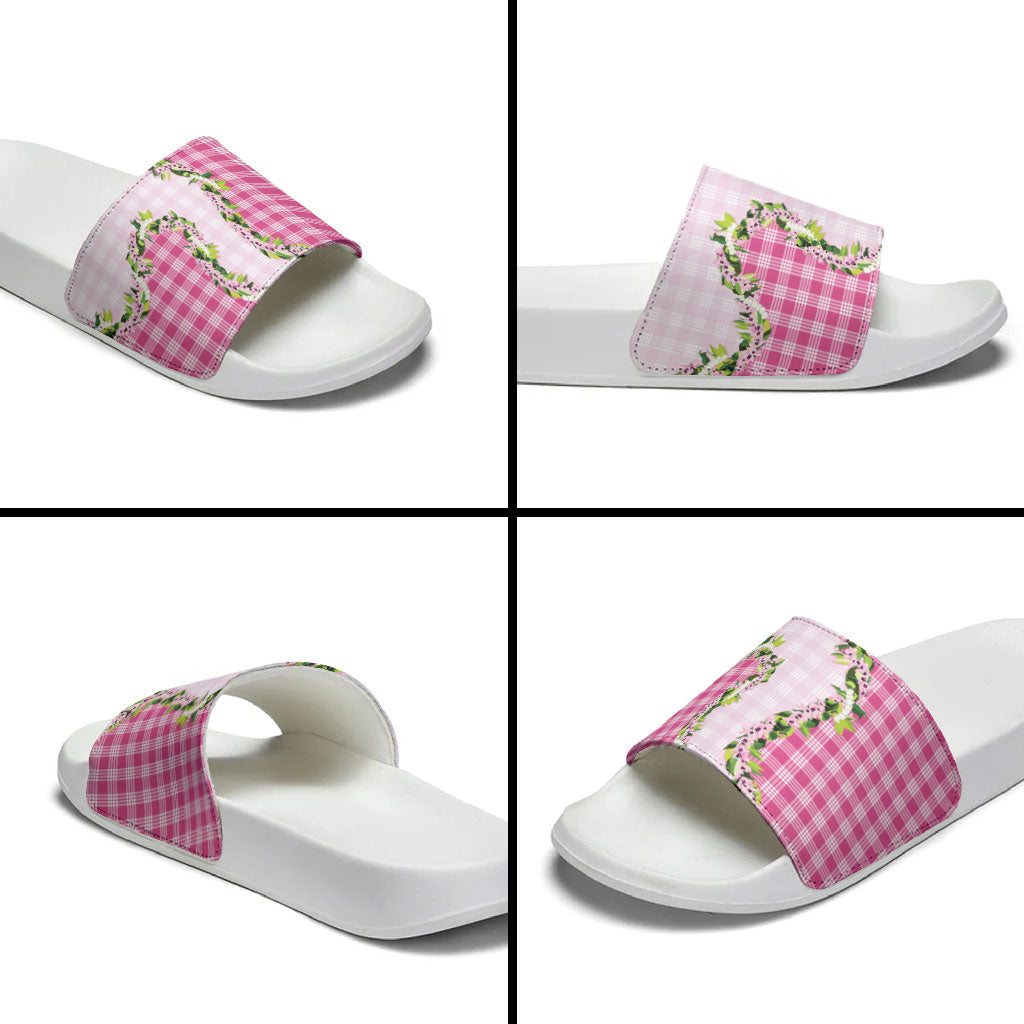 Pink Hawaii Palaka Slide Sandals Maile Pikake Honohono Orchid Lei