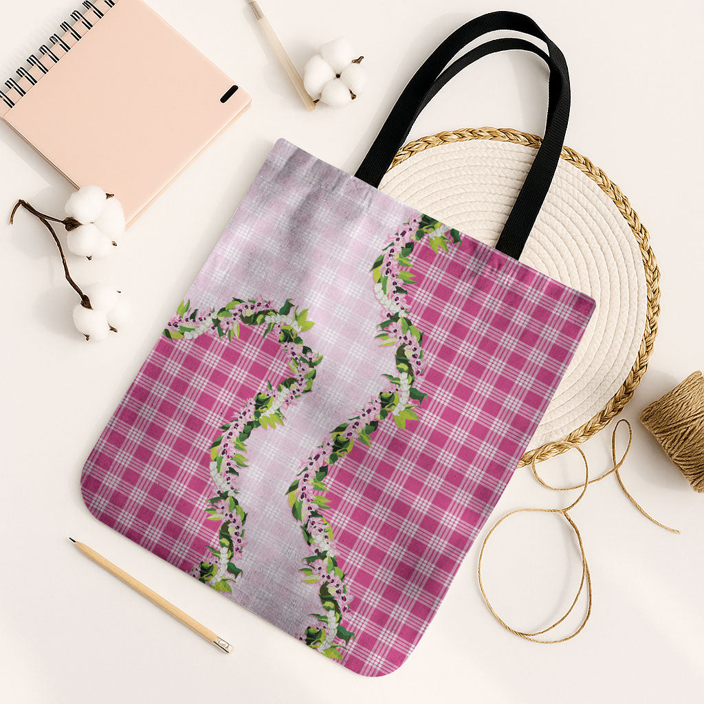 Pink Hawaii Palaka Tote Bag Maile Pikake Honohono Orchid Lei LT05 Black Strap One Size Pink - Polynesian Pride
