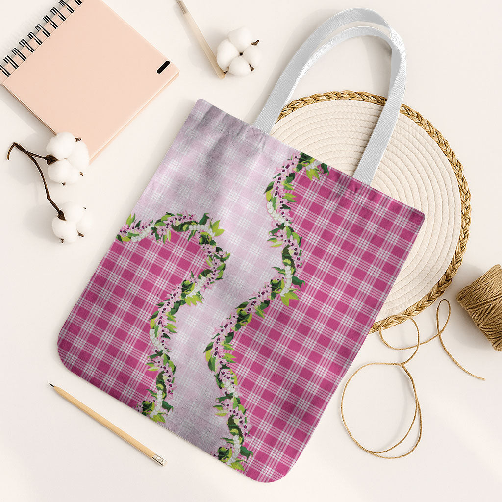 Pink Hawaii Palaka Tote Bag Maile Pikake Honohono Orchid Lei LT05 White Strap One Size Pink - Polynesian Pride