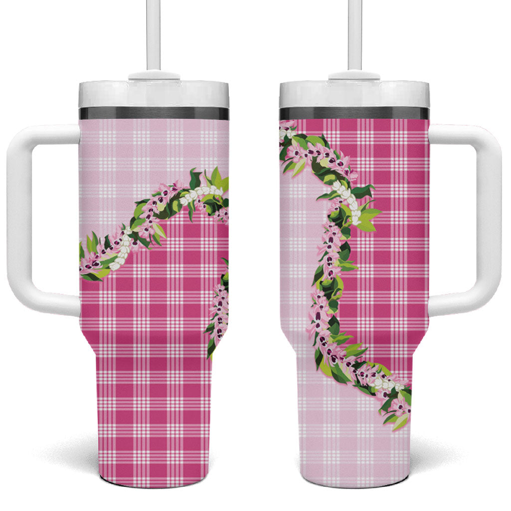 Pink Hawaii Palaka Tumbler With Handle Maile Pikake Honohono Orchid Lei LT05 One Size: 40 oz Pink - Polynesian Pride
