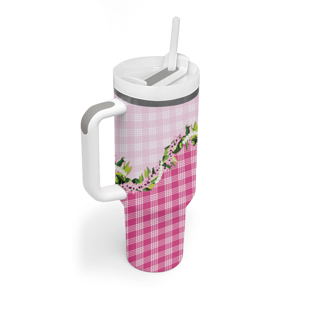 Pink Hawaii Palaka Tumbler With Handle Maile Pikake Honohono Orchid Lei LT05 - Polynesian Pride