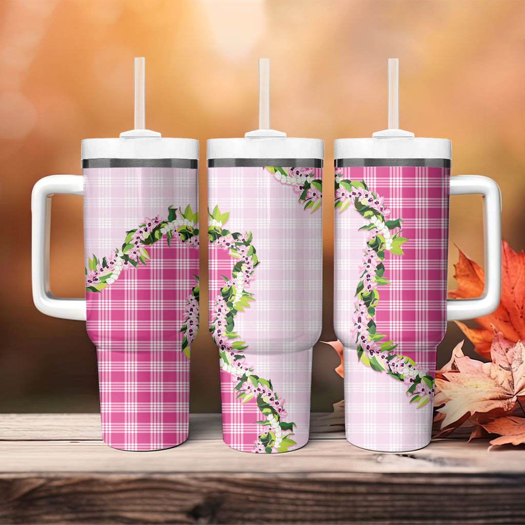 Pink Hawaii Palaka Tumbler With Handle Maile Pikake Honohono Orchid Lei LT05 - Polynesian Pride