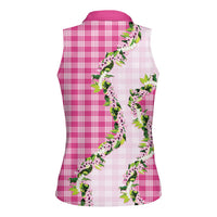 Pink Hawaii Palaka Women Sleeveless Polo Shirt Maile Pikake Honohono Orchid Lei