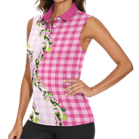 Pink Hawaii Palaka Women Sleeveless Polo Shirt Maile Pikake Honohono Orchid Lei