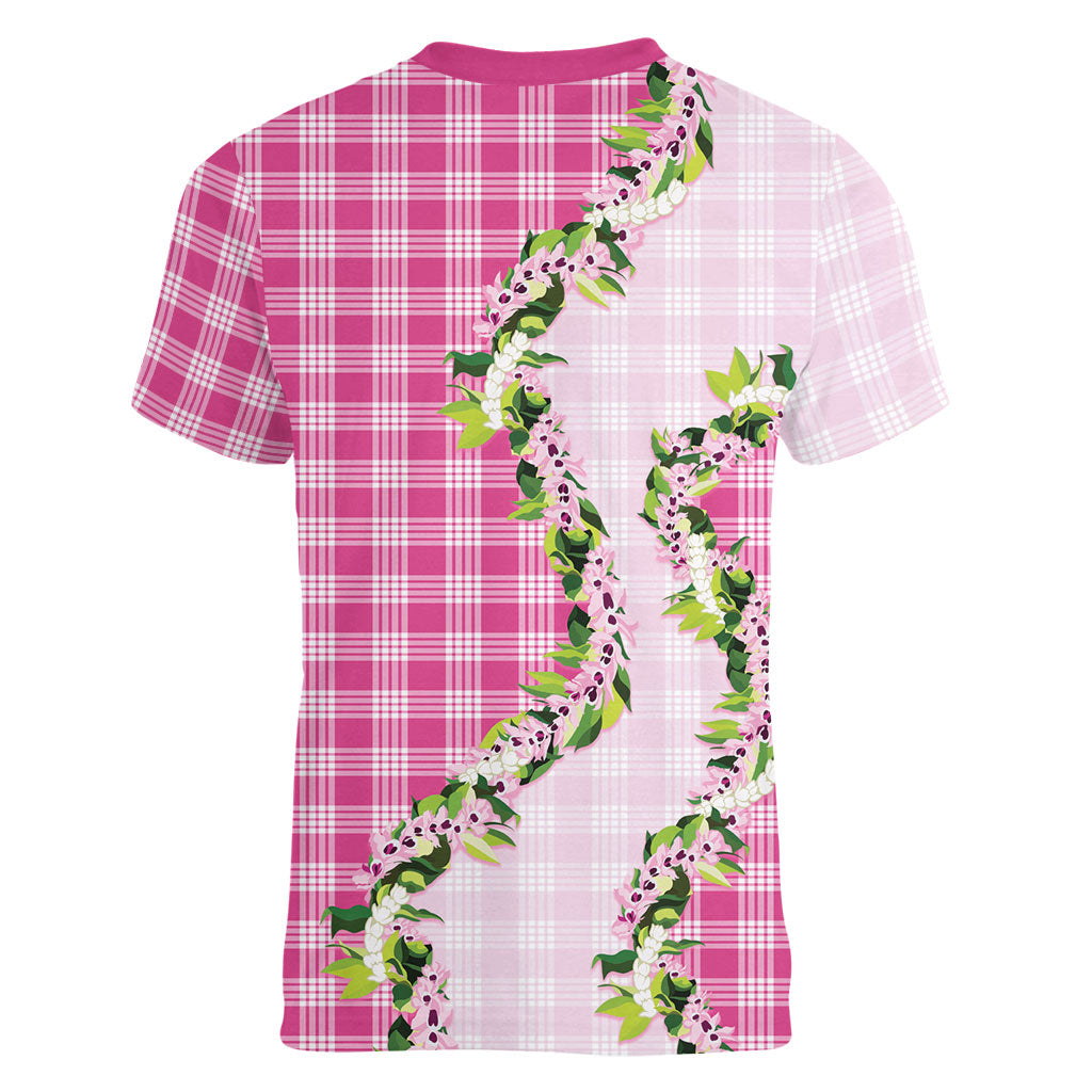 Pink Hawaii Palaka Women V-Neck T-Shirt Maile Pikake Honohono Orchid Lei