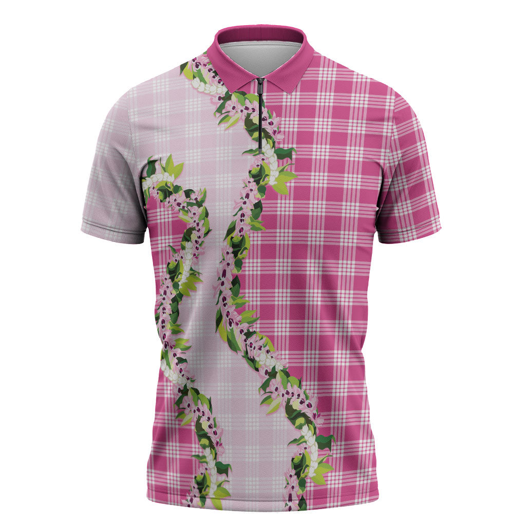 Pink Hawaii Palaka Zipper Polo Shirt Maile Pikake Honohono Orchid Lei