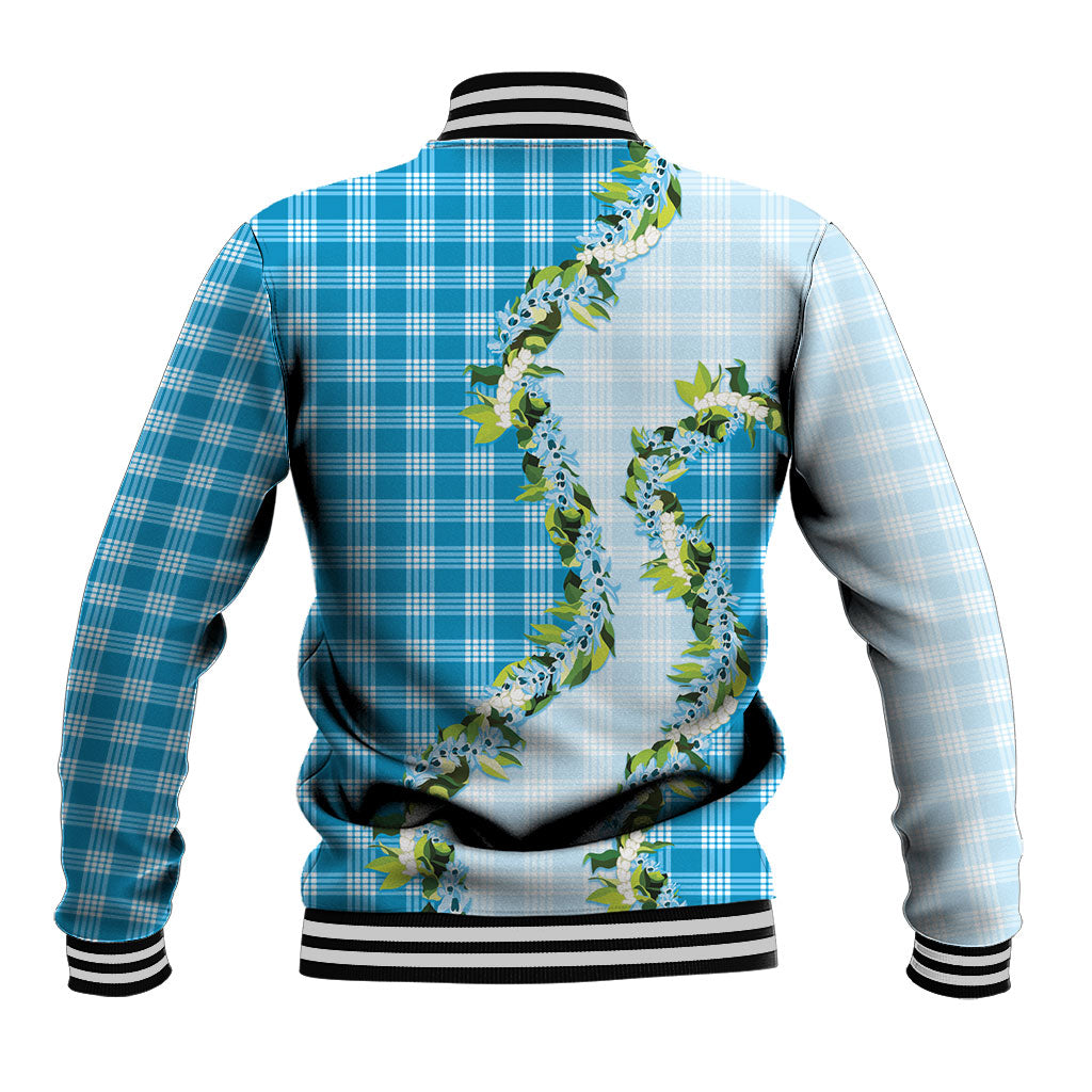 Blue Hawaii Palaka Baseball Jacket Maile Pikake Honohono Orchid Lei