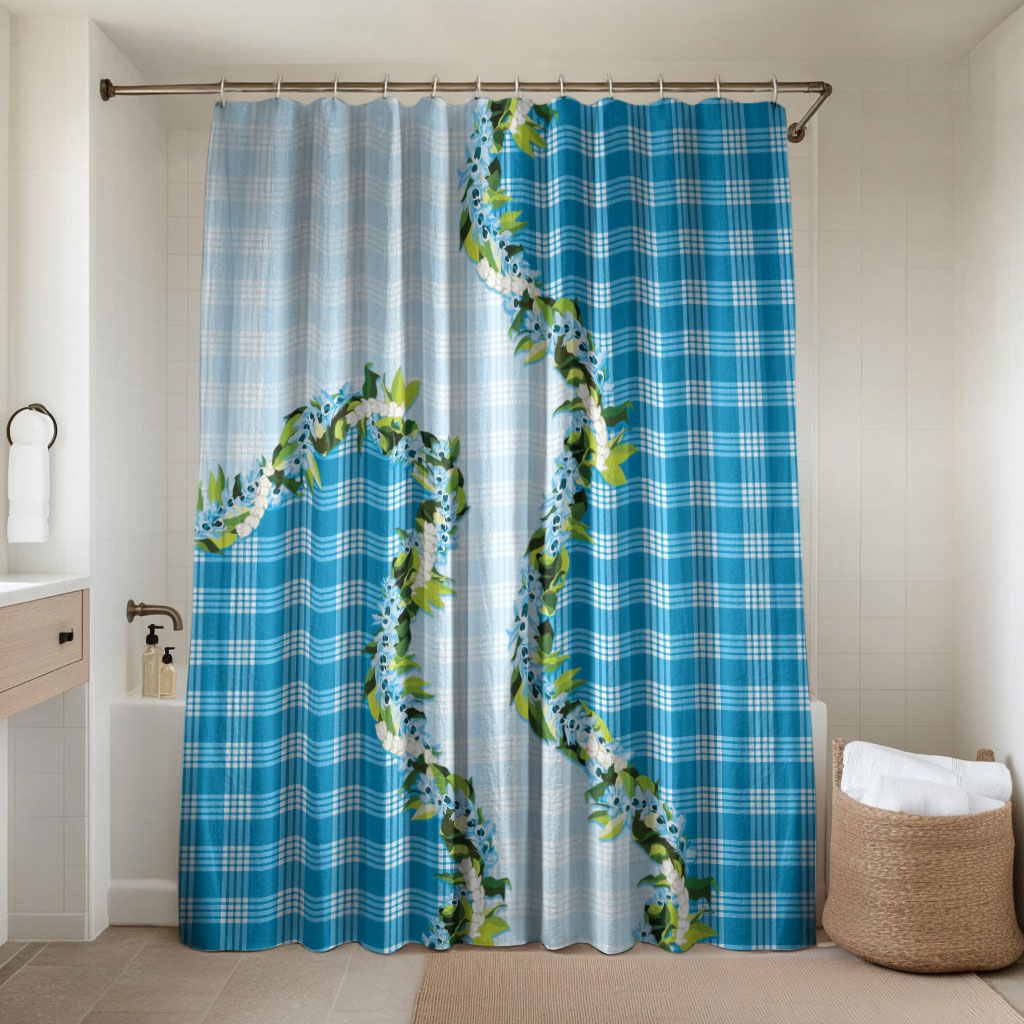 Blue Hawaii Palaka Bathroom Set Maile Pikake Honohono Orchid Lei LT05 Shower Curtain Only Blue - Polynesian Pride