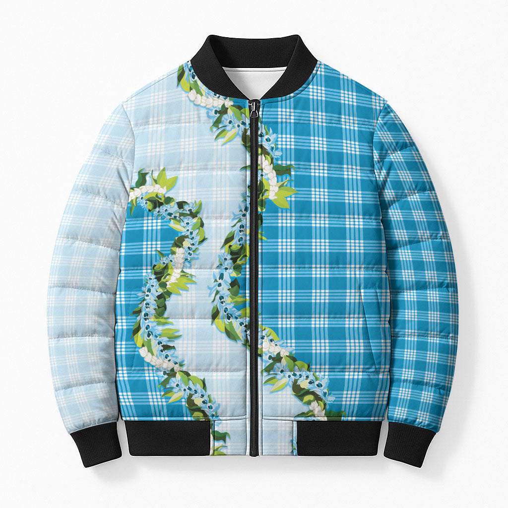 Blue Hawaii Palaka Bomber Puffer Jacket Maile Pikake Honohono Orchid Lei LT05 Unisex Blue - Polynesian Pride
