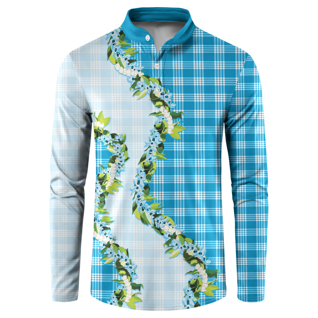 Blue Hawaii Palaka Button Sweatshirt Maile Pikake Honohono Orchid Lei LT05 Blue - Polynesian Pride