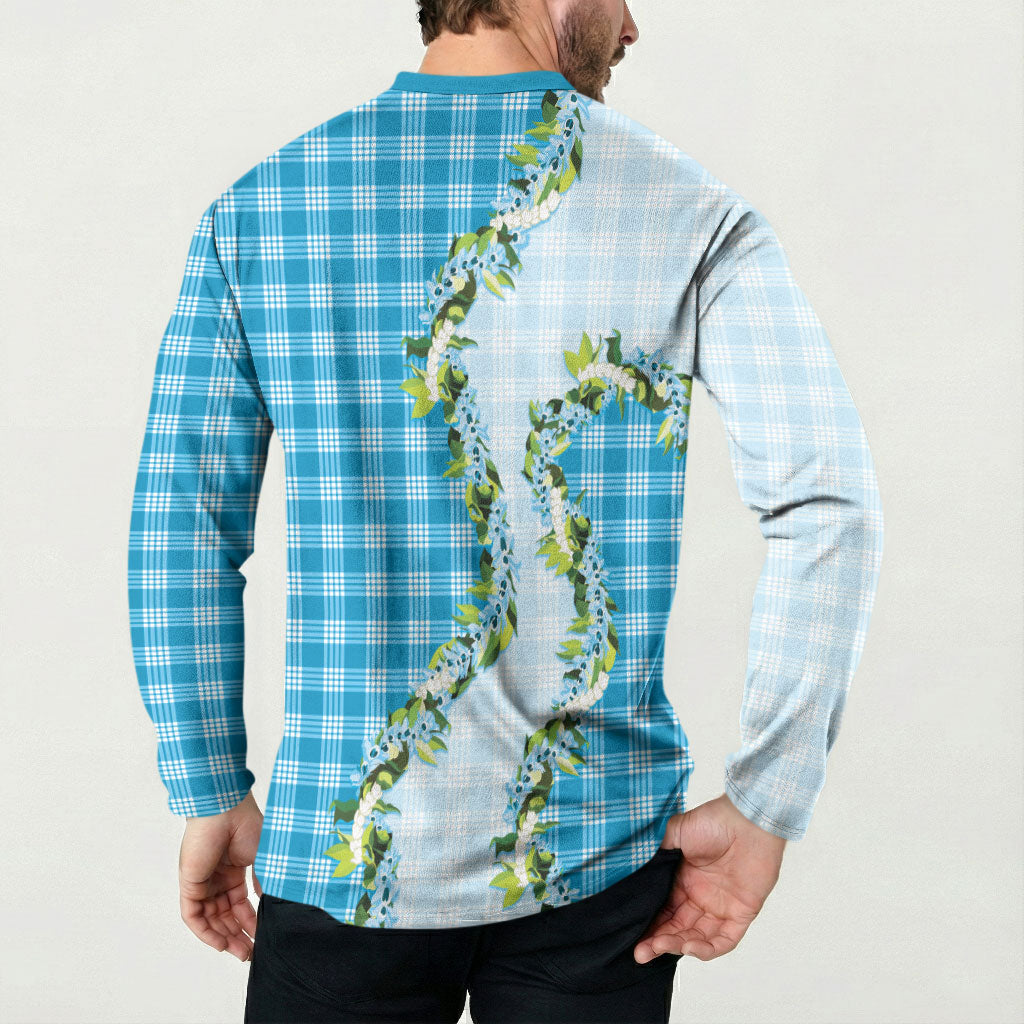 Blue Hawaii Palaka Button Sweatshirt Maile Pikake Honohono Orchid Lei LT05 - Polynesian Pride