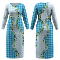 Blue Hawaii Palaka Couples Matching Long Sleeve Bodycon Dress and Long Sleeve Button Shirt Maile Pikake Honohono Orchid Lei LT05