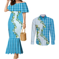 Blue Hawaii Palaka Couples Matching Mermaid Dress and Long Sleeve Button Shirt Maile Pikake Honohono Orchid Lei