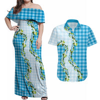 Blue Hawaii Palaka Couples Matching Off Shoulder Maxi Dress and Hawaiian Shirt Maile Pikake Honohono Orchid Lei