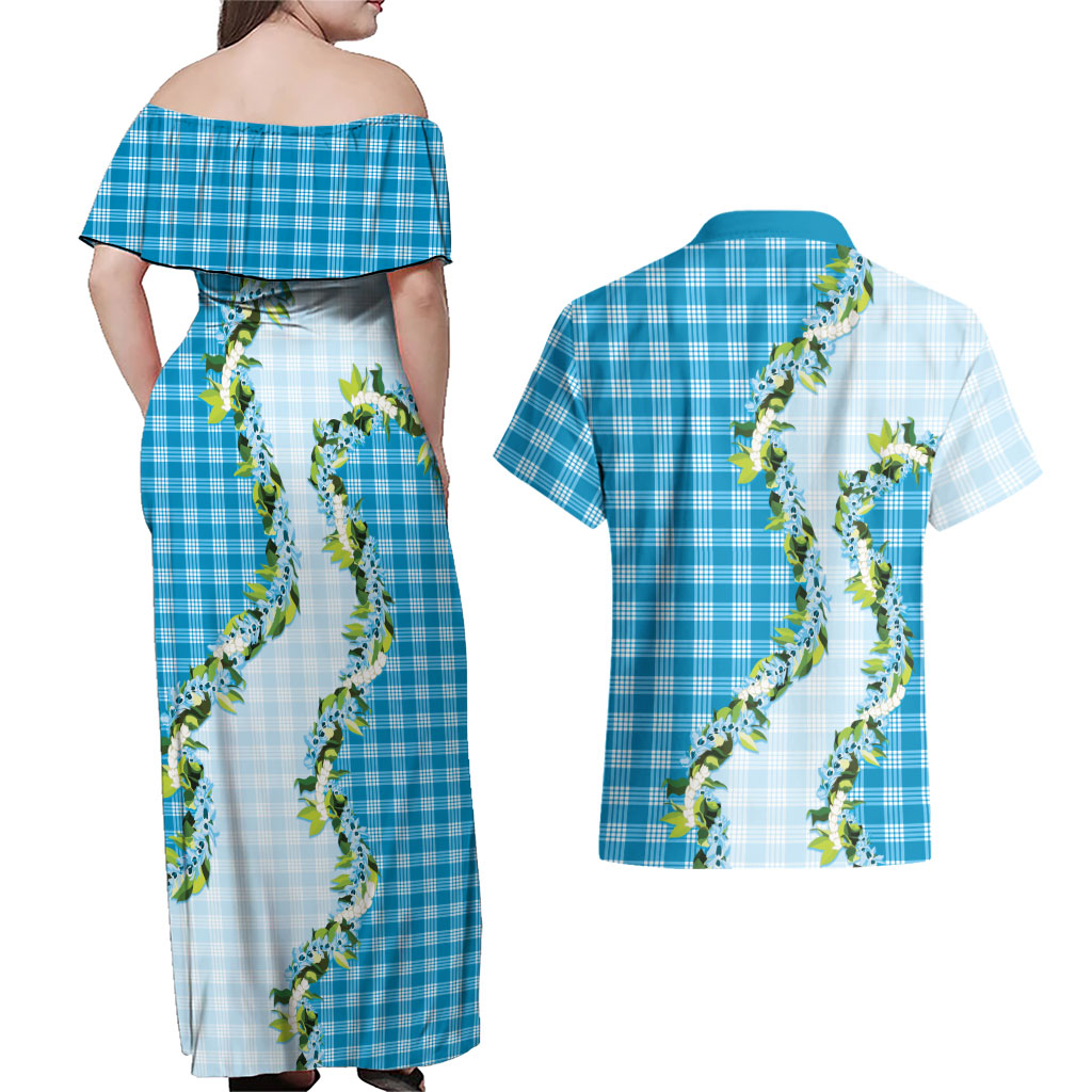 Blue Hawaii Palaka Couples Matching Off Shoulder Maxi Dress and Hawaiian Shirt Maile Pikake Honohono Orchid Lei