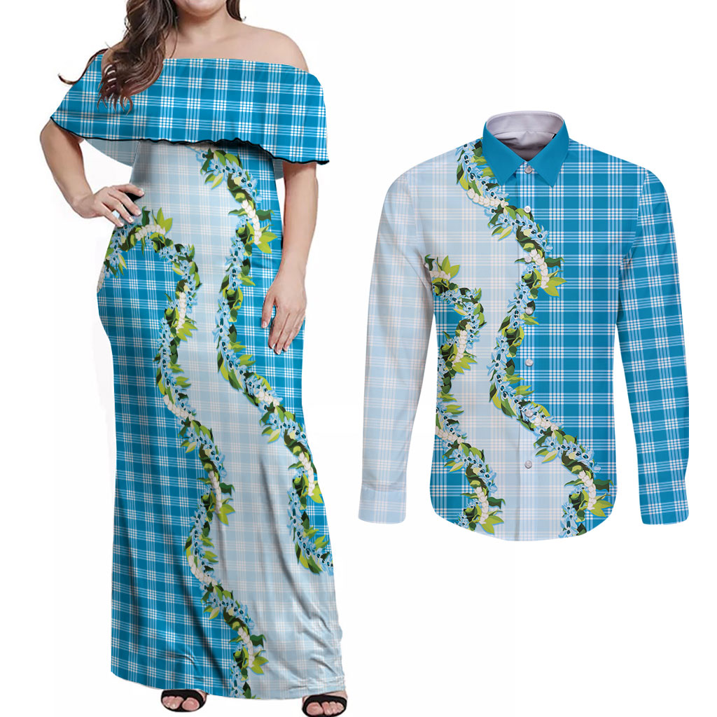 Blue Hawaii Palaka Couples Matching Off Shoulder Maxi Dress and Long Sleeve Button Shirt Maile Pikake Honohono Orchid Lei LT05 Blue - Polynesian Pride