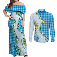 Blue Hawaii Palaka Couples Matching Off Shoulder Maxi Dress and Long Sleeve Button Shirt Maile Pikake Honohono Orchid Lei