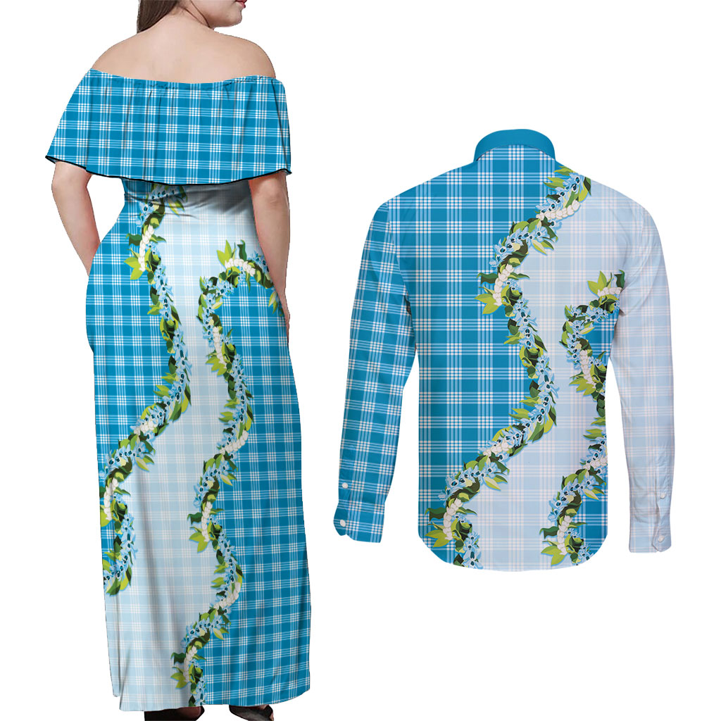 Blue Hawaii Palaka Couples Matching Off Shoulder Maxi Dress and Long Sleeve Button Shirt Maile Pikake Honohono Orchid Lei