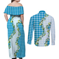 Blue Hawaii Palaka Couples Matching Off Shoulder Maxi Dress and Long Sleeve Button Shirt Maile Pikake Honohono Orchid Lei
