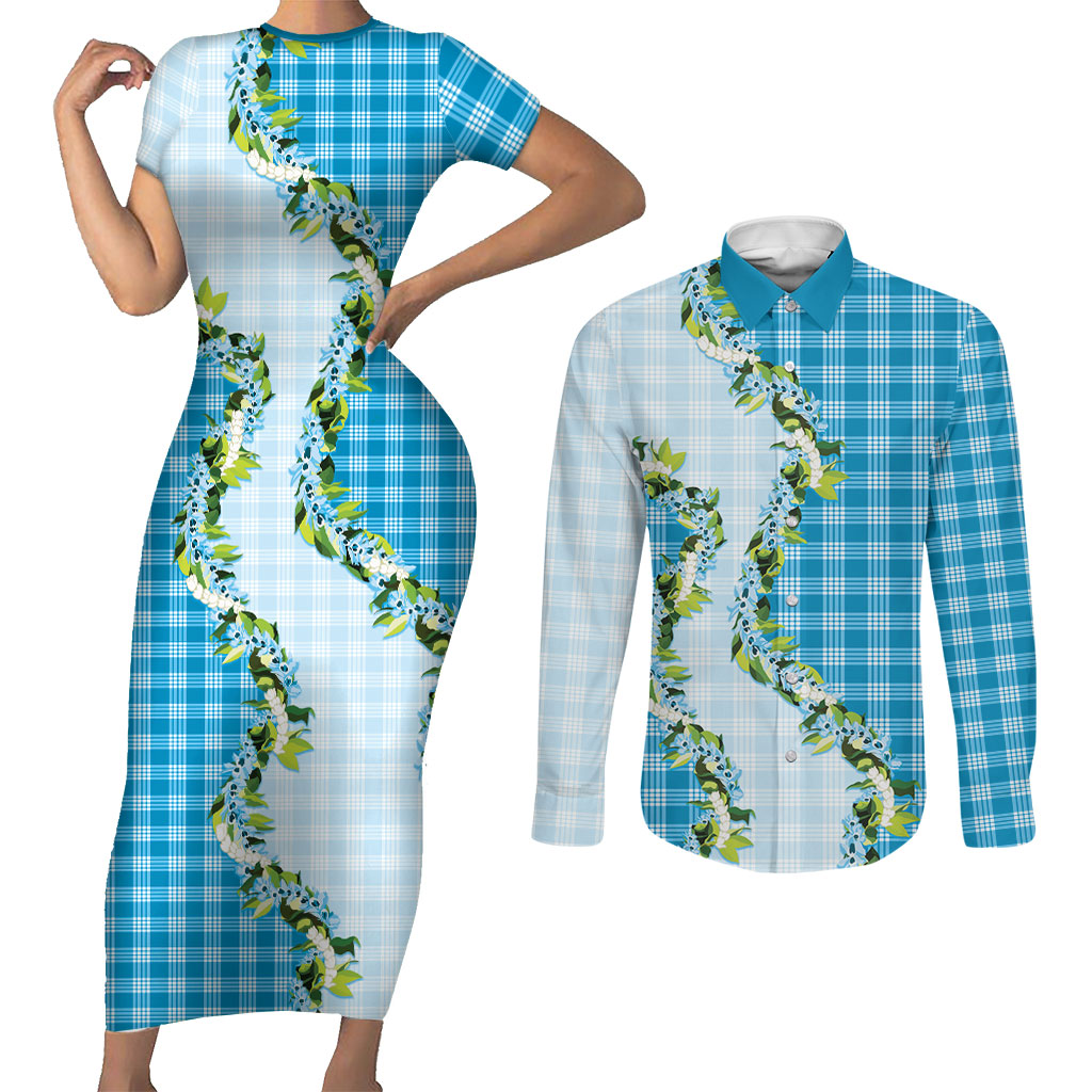 Blue Hawaii Palaka Couples Matching Short Sleeve Bodycon Dress and Long Sleeve Button Shirt Maile Pikake Honohono Orchid Lei LT05 Blue - Polynesian Pride